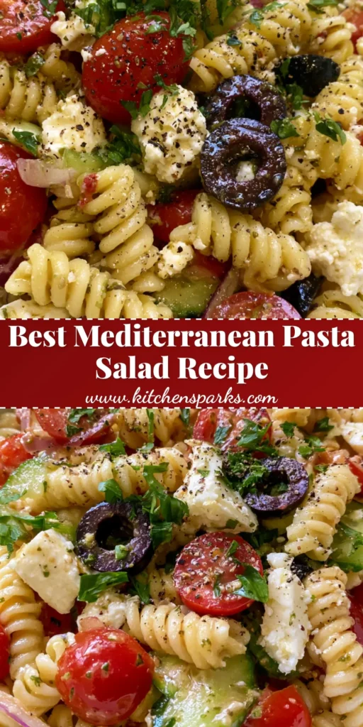A handheld smartphone photo of a white ceramic bowl filled with Mediterranean Pasta Salad featuring rotini, cherry tomatoes, and feta cheese.