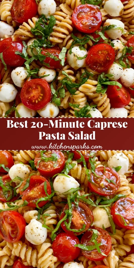 A top-down handheld smartphone photo of a white ceramic bowl filled with Caprese pasta salad featuring rotini, tomatoes, and mozzarella pearls.