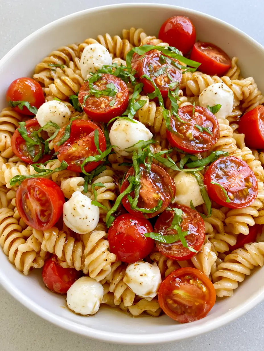 Overhead view of Caprese Pasta Salad with al dente rotini, halved cherry tomatoes, and smooth mozzarella pearls in soft daylight.