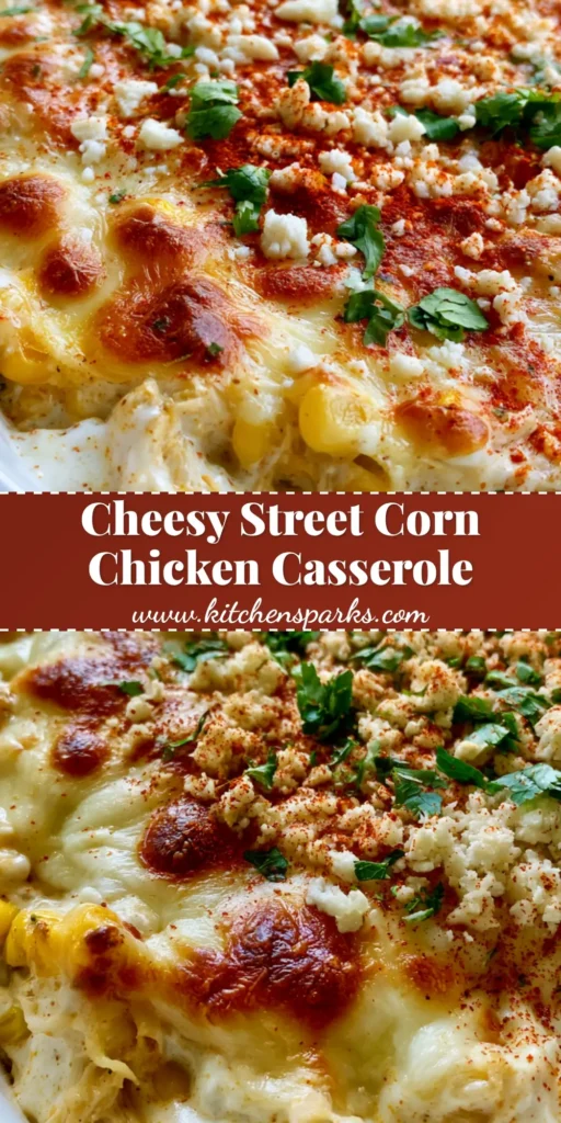 A bubbling Street Corn Chicken Casserole in a white ceramic dish topped with toasted cheese, cotija, and cilantro.