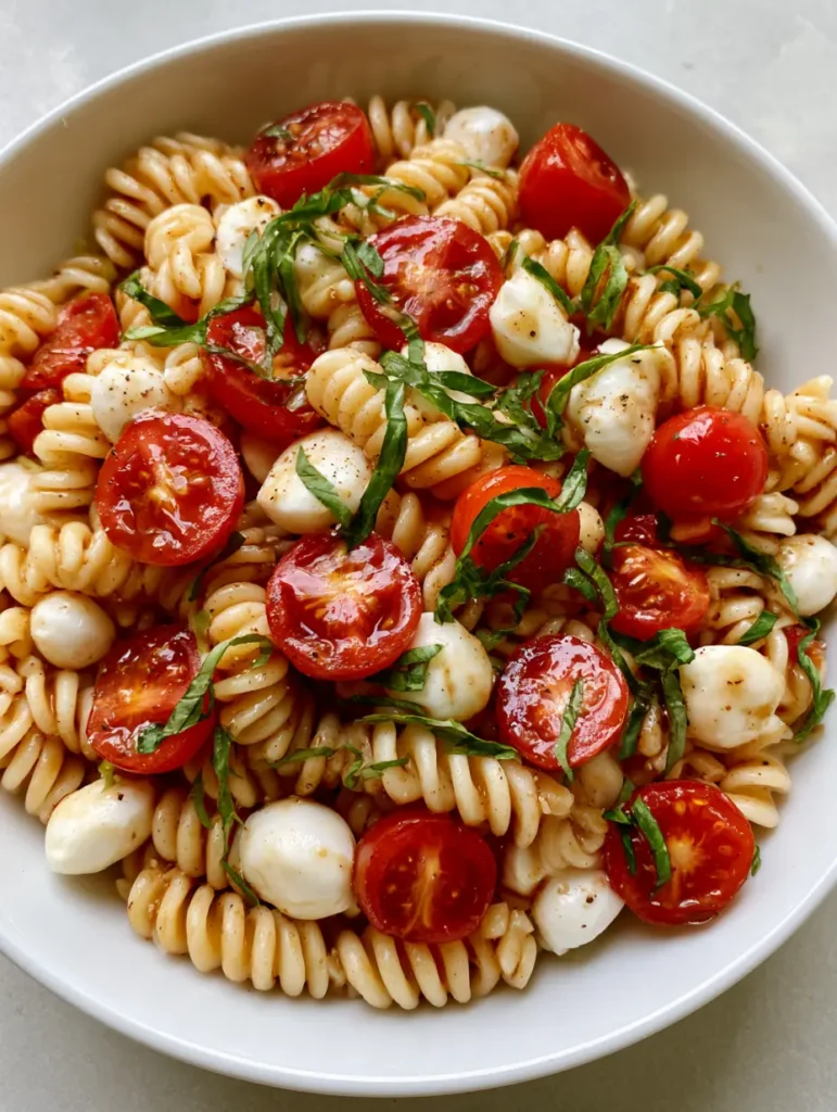Close up of fresh basil chiffonade ribbons and cracked black pepper on a Mediterranean Caprese pasta salad.