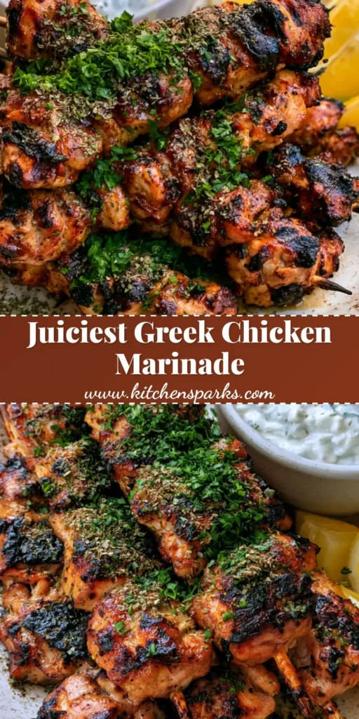 Greek Chicken Marinade: The Ultimate Guide to Juicy, Char-Grilled Perfection 3 A tall Pinterest pin showing wooden skewers of grilled chicken with deep char marks on a rustic plate. (Greek Chicken Marinade)