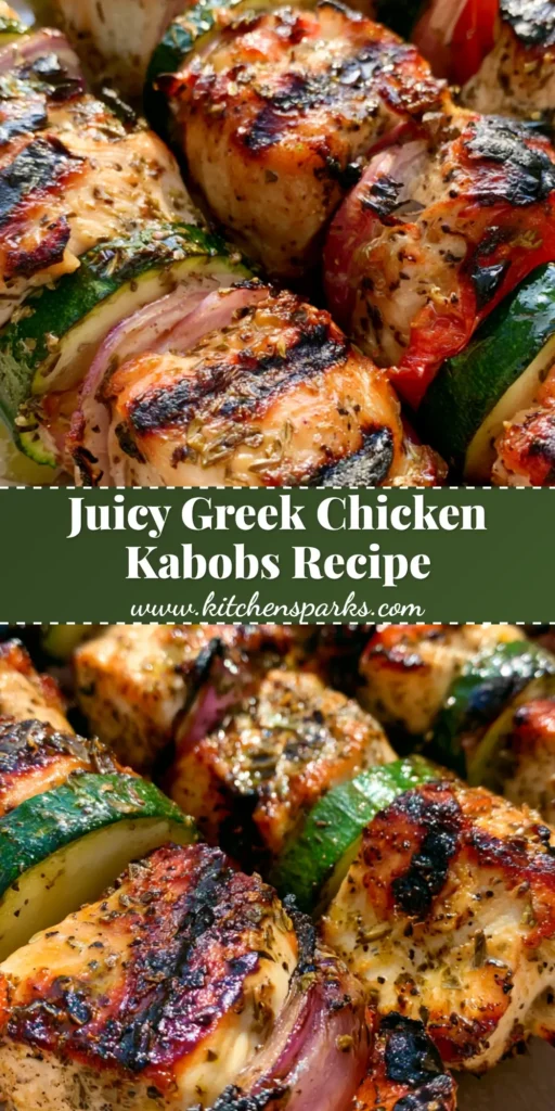 A ceramic platter filled with Greek Marinated Chicken Kabobs featuring charred zucchini, blistered red peppers, and golden chicken breast. (Greek Marinated Chicken Kabobs)