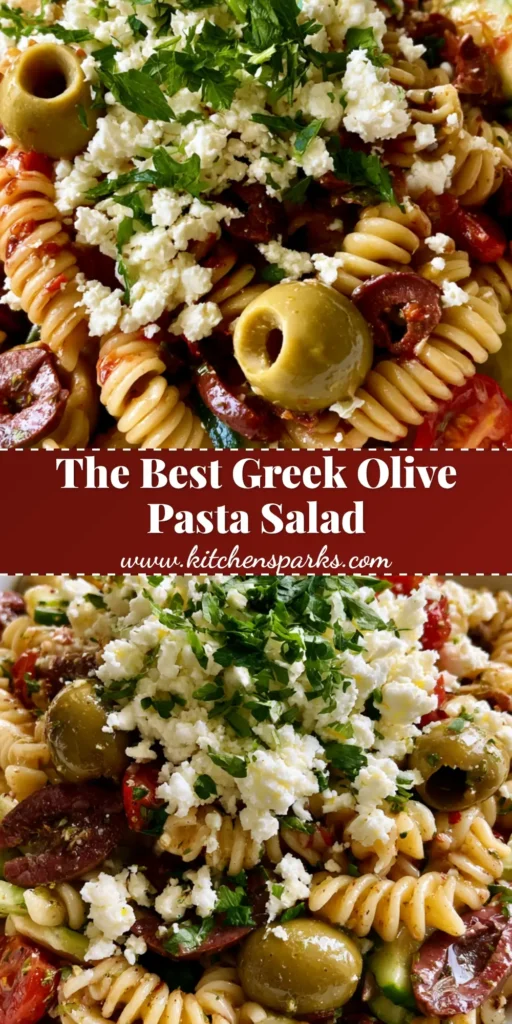 Greek Olive Pasta Salad with Lemon-Herb Vinaigrette 4 A handheld smartphone photo of a Greek Olive Pasta Salad in a white bowl featuring rotini, whole green olives, and feta.