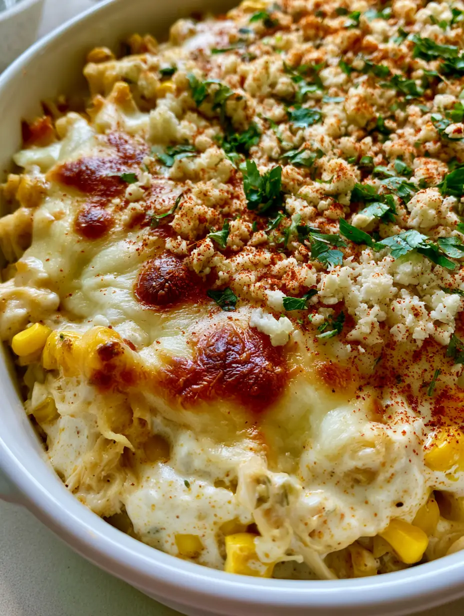 A handheld smartphone photo of Street Corn Chicken Casserole with melted mozzarella and toasted spots in a white dish.
