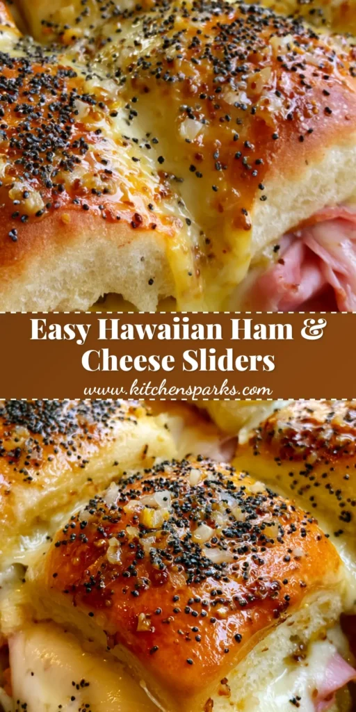 A tray of pull-apart Hawaiian Ham and Cheese Sliders with glossy toasted tops and melted Swiss cheese.