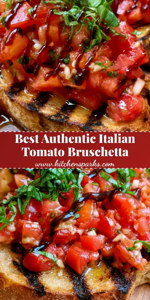 Close-up of Italian Tomato Bruschetta with thick baguette slices, tomatoes, and balsamic glaze on a wooden board.