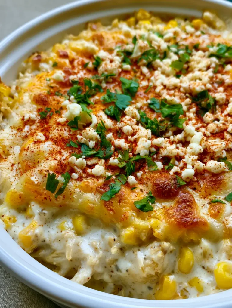 Close up of shredded chicken and sweet corn in a spiced white sauce topped with red chili powder and fresh cilantro.