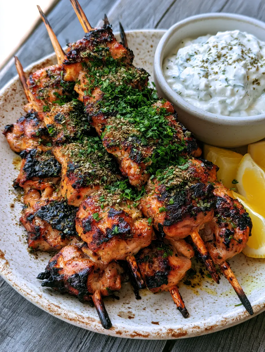 Greek Chicken Marinade: The Ultimate Guide to Juicy, Char-Grilled Perfection 4 Several wooden skewers piled with glistening grilled chicken chunks on a rustic ceramic plate. (Greek Chicken Marinade)
