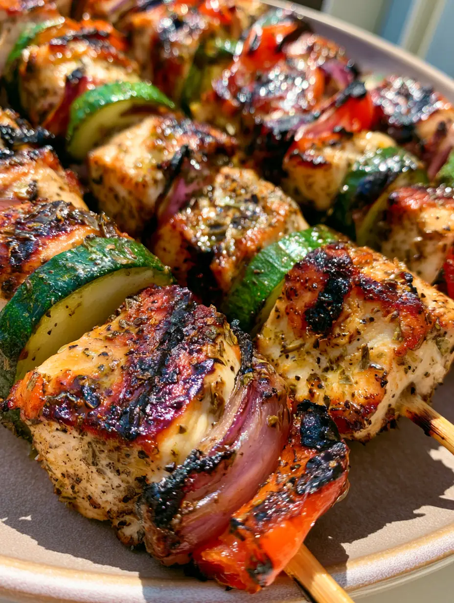 Handheld photo of grilled Greek Marinated Chicken Kabobs on wooden skewers with visible dried oregano and cracked black pepper. (Greek Marinated Chicken Kabobs)