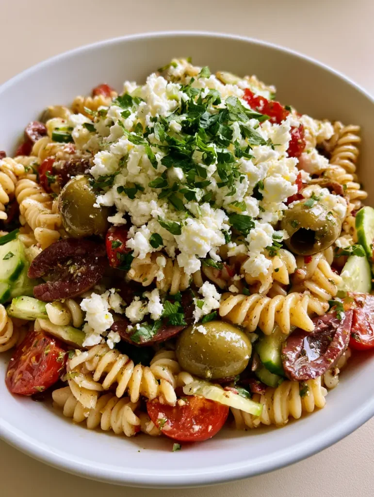 Greek Olive Pasta Salad with Lemon-Herb Vinaigrette 2 Overhead shot of Greek Olive Pasta Salad with glistening rotini, halved tomatoes, and quartered cucumbers in a white bowl.