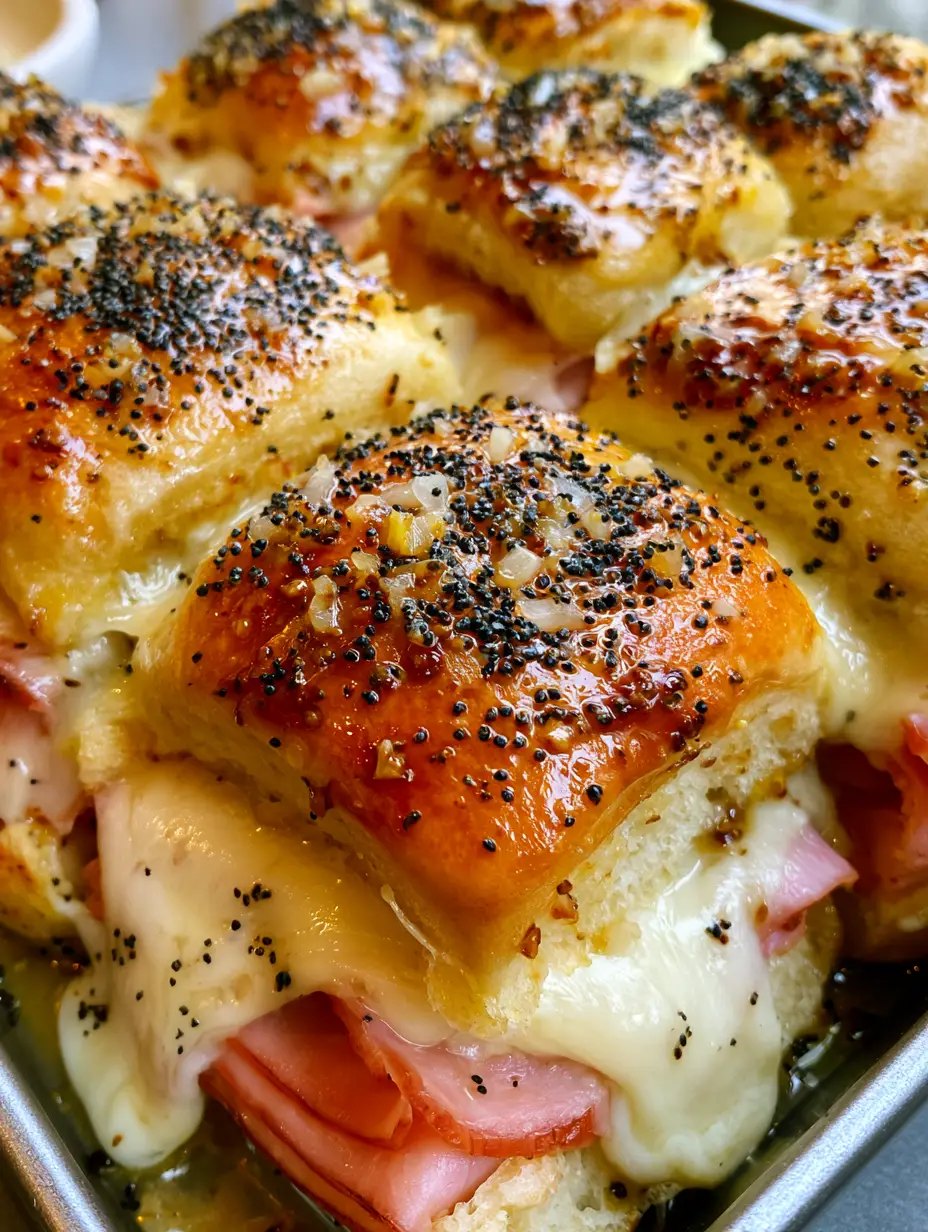Close-up of Hawaiian Ham and Cheese Sliders showing the layers of ham and melting Swiss cheese dripping from the sides.