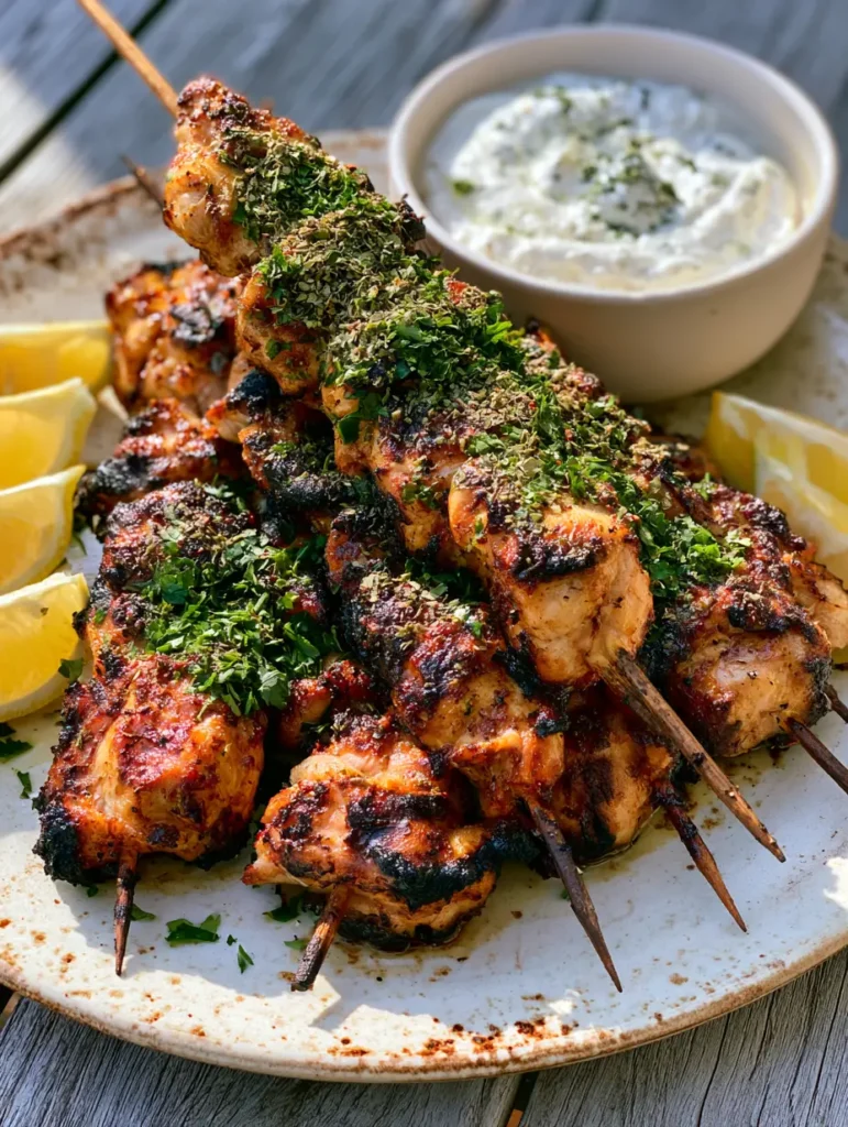 Greek Chicken Marinade: The Ultimate Guide to Juicy, Char-Grilled Perfection 1 Close up of grilled chicken chunks with prominent black char marks and herb garnish next to lemon wedges. (Greek Chicken Marinade)
