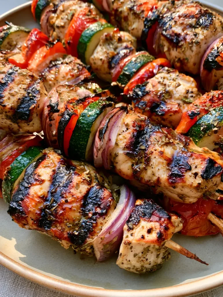 Greek Marinated Chicken Kabobs arranged on a neutral-colored ceramic platter under natural daylight showing blistered vegetables and golden-brown edges.