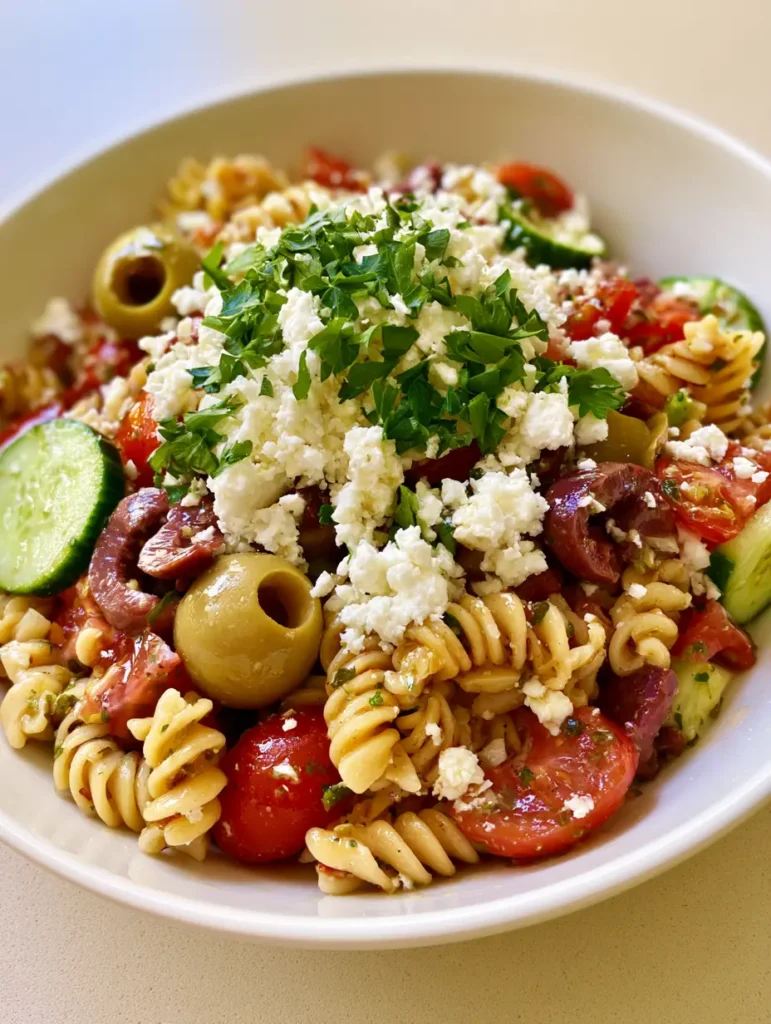 Greek Olive Pasta Salad with Lemon-Herb Vinaigrette 1 Close-up of Greek Olive Pasta Salad highlighting the whole green olives, sliced Kalamatas, and crumbled white feta cheese.