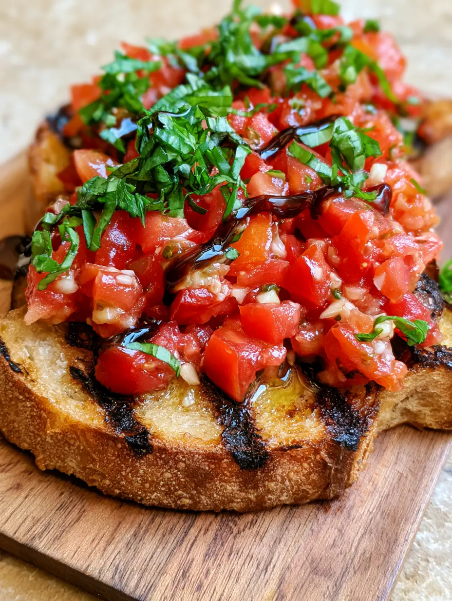 Handheld photo of authentic Italian tomato bruschetta with visible grill marks and fresh basil chiffonade.