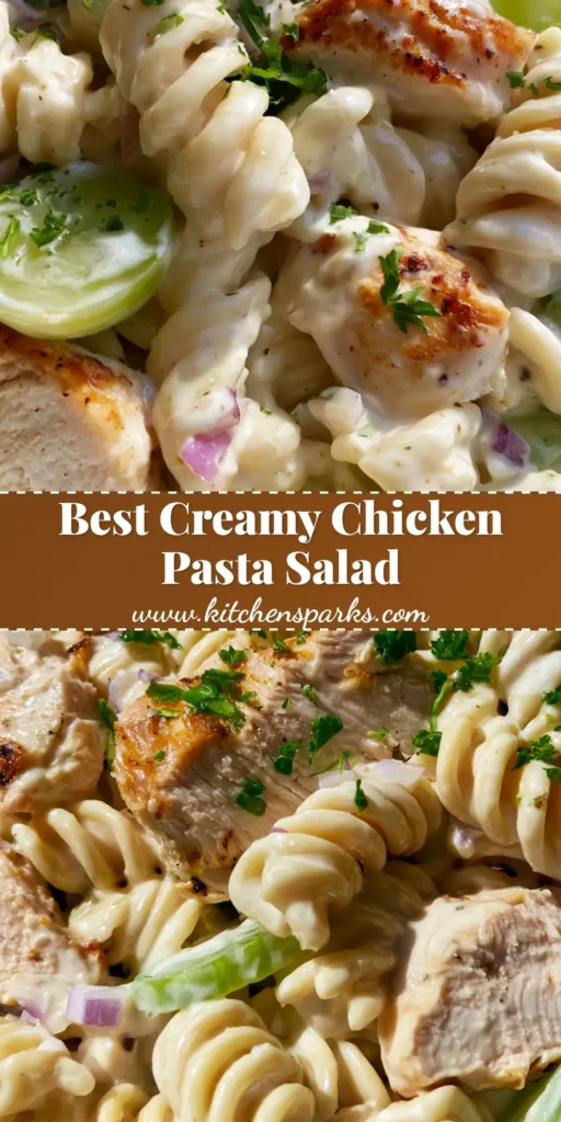 A handheld photo of Creamy Chicken Pasta Salad in a white bowl featuring rotini, charred chicken, and green grapes.