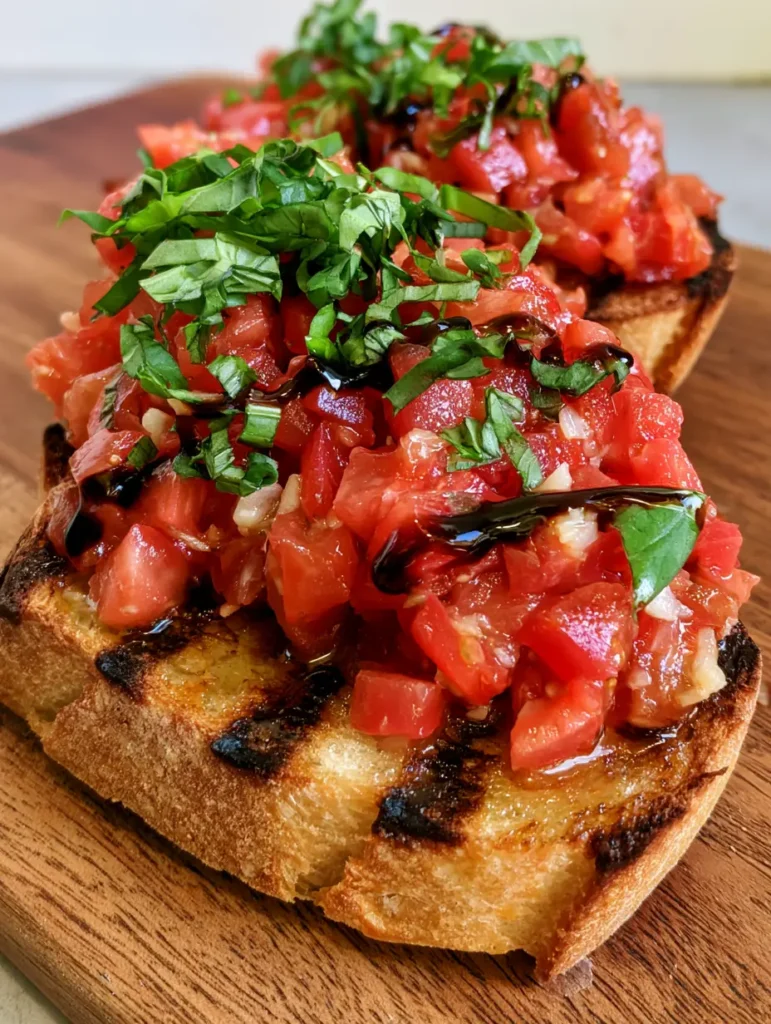 Rustic wooden board with toasted bruschetta slices featuring a glossy balsamic glaze zigzag drizzle.
