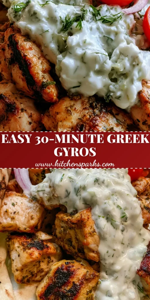A handheld Greek chicken gyro featuring soft charred pita bread, golden-brown seared chicken, creamy white tzatziki with dill, and fresh red onions and cherry tomatoes. (Greek Chicken Gyros)