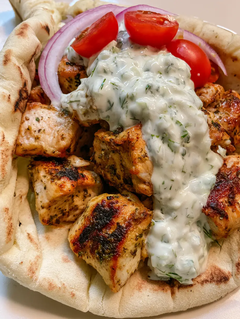 Close-up smartphone photo of a Greek chicken gyro showing seared chicken with herb seasoning and thick tzatziki. (Greek Chicken Gyros)
