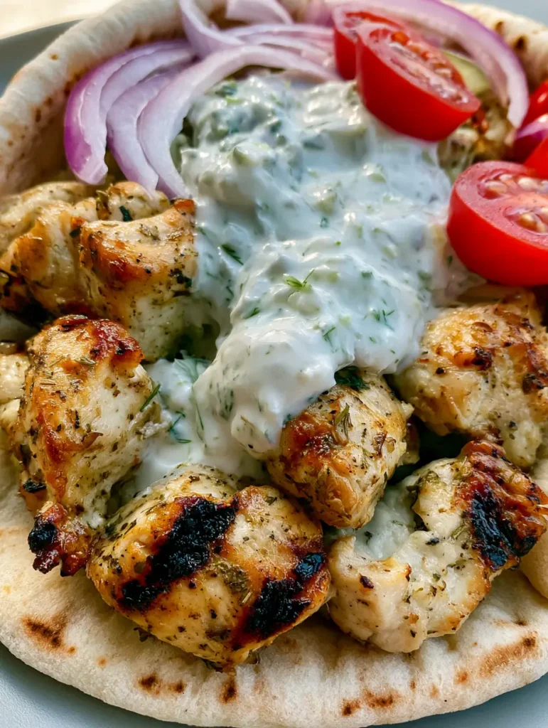 A fresh Greek chicken gyro held in a hand with soft natural daylight illuminating the cherry tomatoes and dill-flecked sauce.