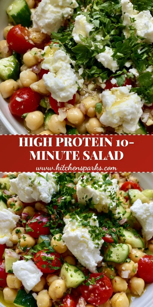 A top-down vibrant High-Protein Chickpea Salad in a shallow white bowl with glossy lemon vinaigrette, feta crumbles, and fresh parsley.