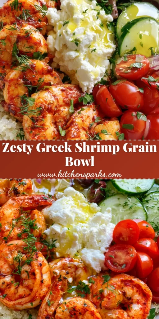 A shallow white ceramic bowl containing a vibrant Greek Shrimp Mediterranean Bowl with charred shrimp, fluffy white quinoa, and fresh vegetables. (Greek Shrimp Mediterranean Bowl)