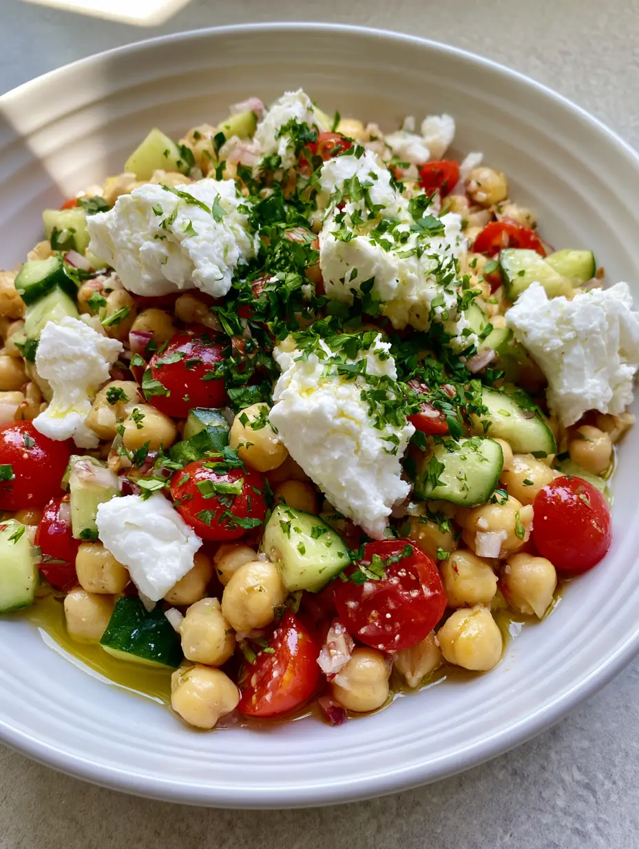 Top-down view of a vibrant chickpea salad with cucumbers, tomatoes, and feta on a gray stone surface. (High-Protein Chickpea Salad)
