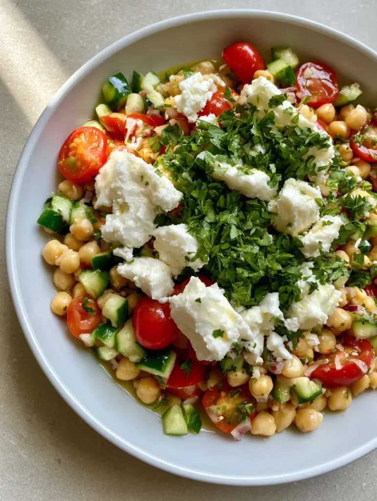 Close-up of the glossy lemon vinaigrette and fresh parsley on a High-Protein Chickpea Salad.