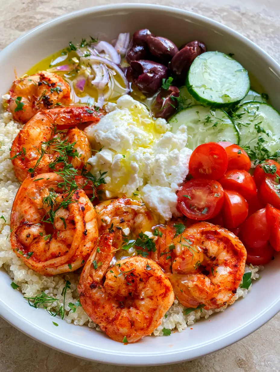 Overhead view of a Greek Shrimp Mediterranean Bowl showing succulent seared shrimp and vibrant vegetables on quinoa. (Greek Shrimp Mediterranean Bowl)