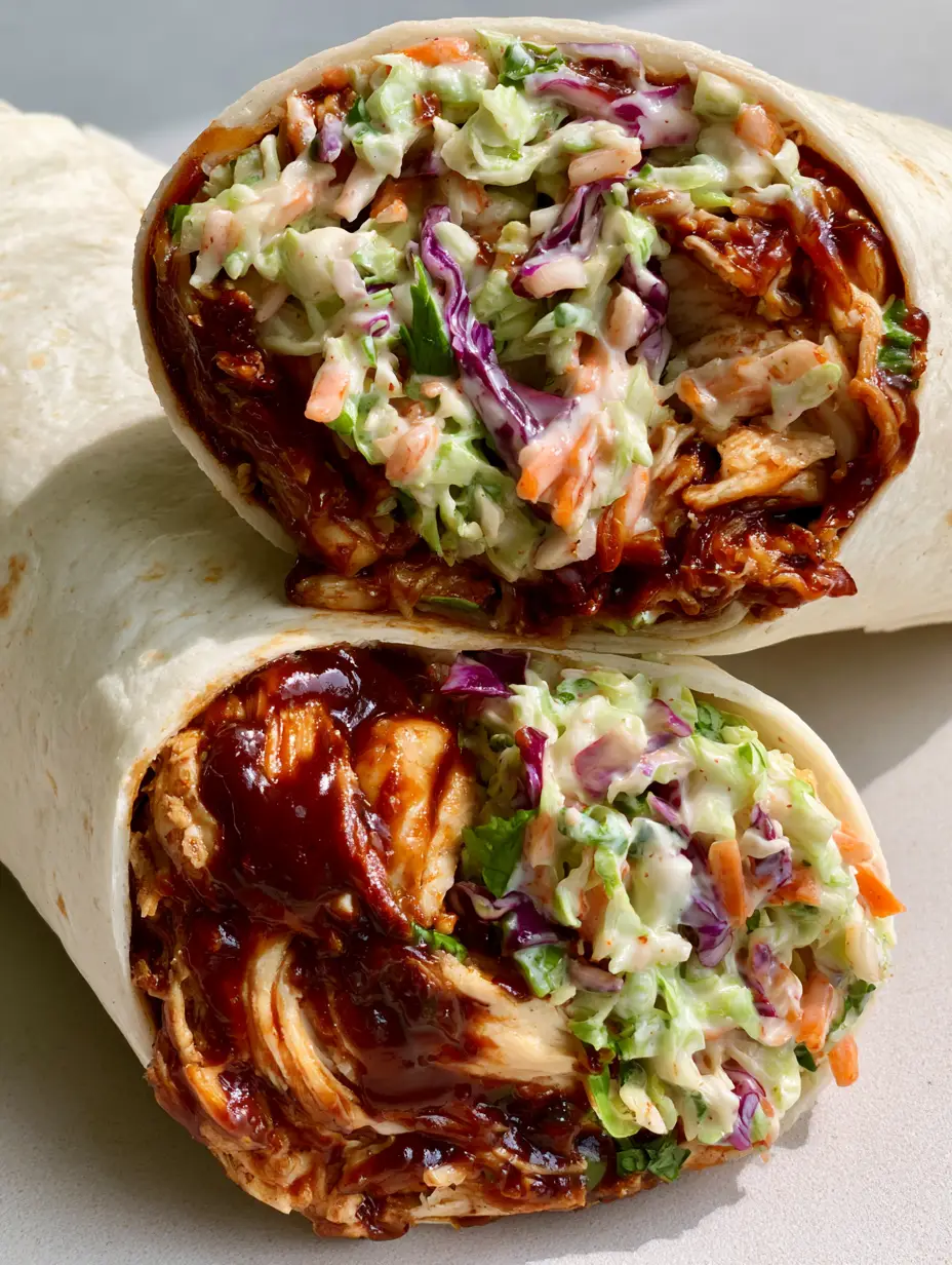 Close-up of a BBQ Chicken Coleslaw Wrap in natural light featuring shredded chicken in glossy sauce and tricolor cabbage slaw.