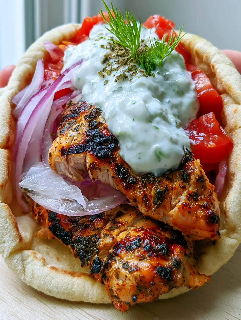 Greek Chicken Gyros with Homemade Tzatziki and Soft Toasted Pita 3 A handheld smartphone photo of a Greek chicken gyro with thick tzatziki and fresh dill. (Greek Chicken Gyros)