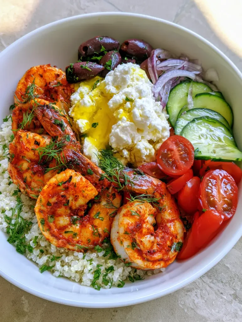 Close-up of charred shrimp and crumbled feta in a Greek Shrimp Mediterranean Bowl.