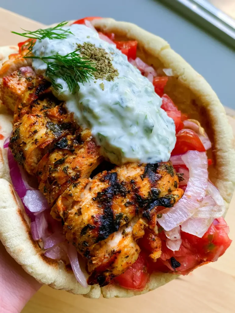 Greek Chicken Gyros with Homemade Tzatziki and Soft Toasted Pita 1 Close up of charred grilled chicken strips inside a Greek Chicken Gyro with red onions. (Greek Chicken Gyros)