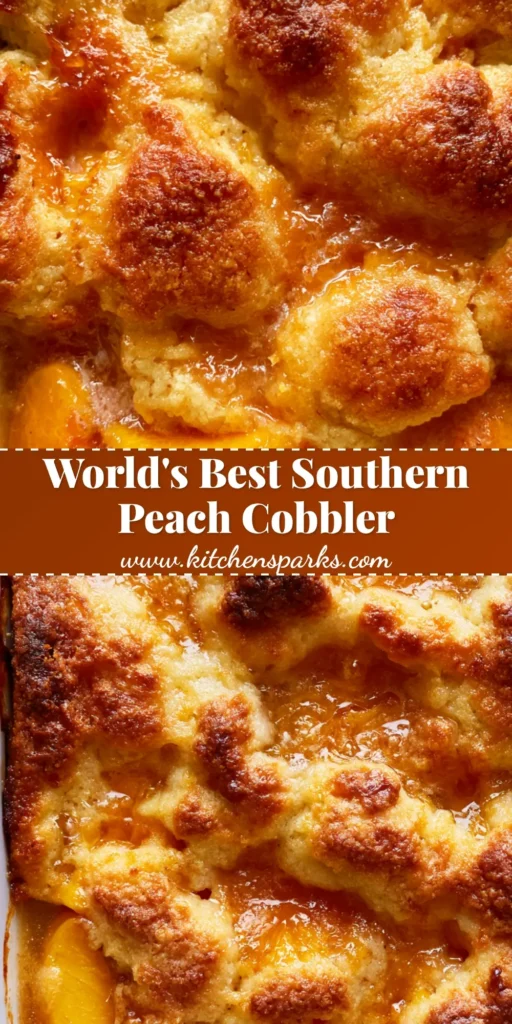 A top-down view of a Paula Deen Peach Cobbler with thick sliced peaches and a golden-brown cake crust in a white ceramic dish.