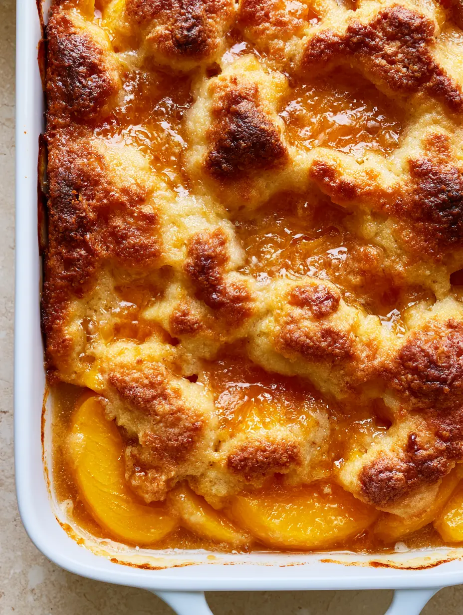 Close up of Paula Deen Peach Cobbler showing bubbling translucent amber-colored sugar syrup and golden crust.