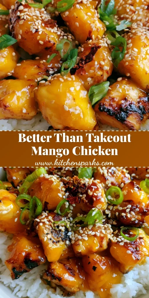 A high-angle photo of Mango Glazed Chicken in a white bowl with charred chicken cubes, glossy orange sauce, and fresh scallions over rice.
