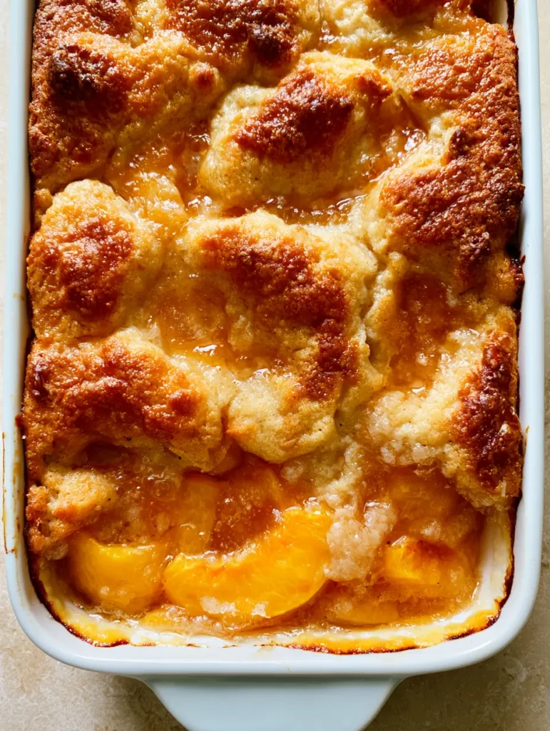 Top-down view of a classic Paula Deen Peach Cobbler in a rectangular white ceramic baking dish on a stone countertop.