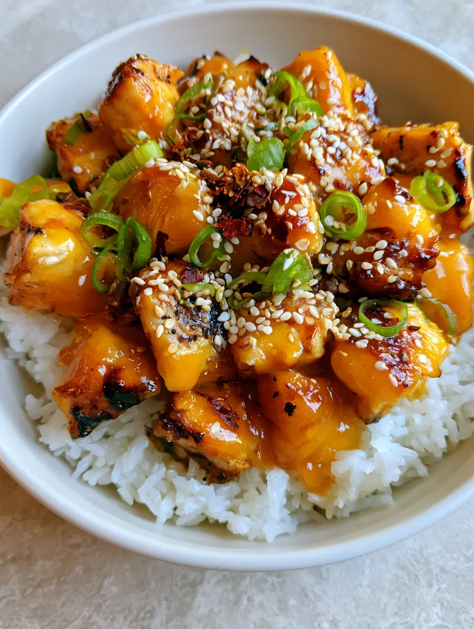 Detailed view of Mango Glazed Chicken breast cubes showing the thick, translucent vibrant orange glaze and toasted sesame seeds.