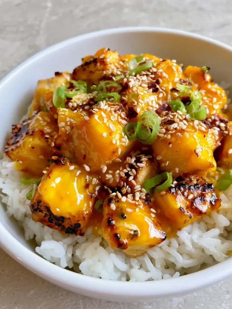 Mango Glazed Chicken served over fluffy steamed white jasmine rice in a white ceramic bowl on a light-grey stone countertop.