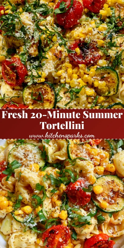 A vibrant Summer Tortellini Recipe in a shallow ceramic bowl with charred cherry tomatoes, golden zucchini rounds, and sweet corn. (Summer Tortellini Recipe)