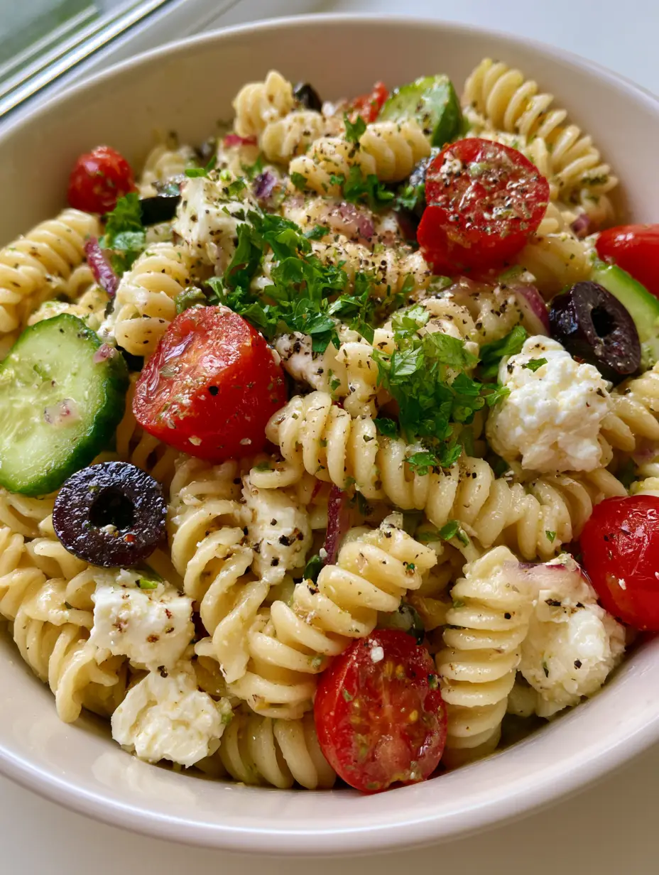 Close-up of Mediterranean Pasta Salad with glistening herb-flecked vinaigrette on rotini spirals.