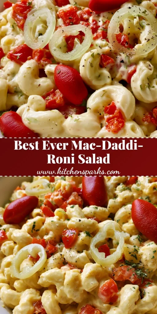 A large white bowl filled with creamy Guy Fieri Macaroni Salad featuring red peppadews and green pepperoncini.