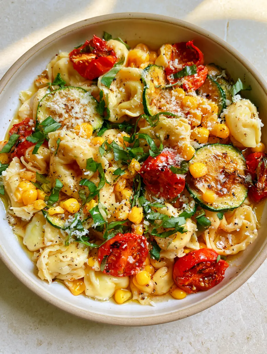 Close-up of cheese tortellini with blistered red cherry tomatoes and sautéed green zucchini. (Summer Tortellini Recipe)