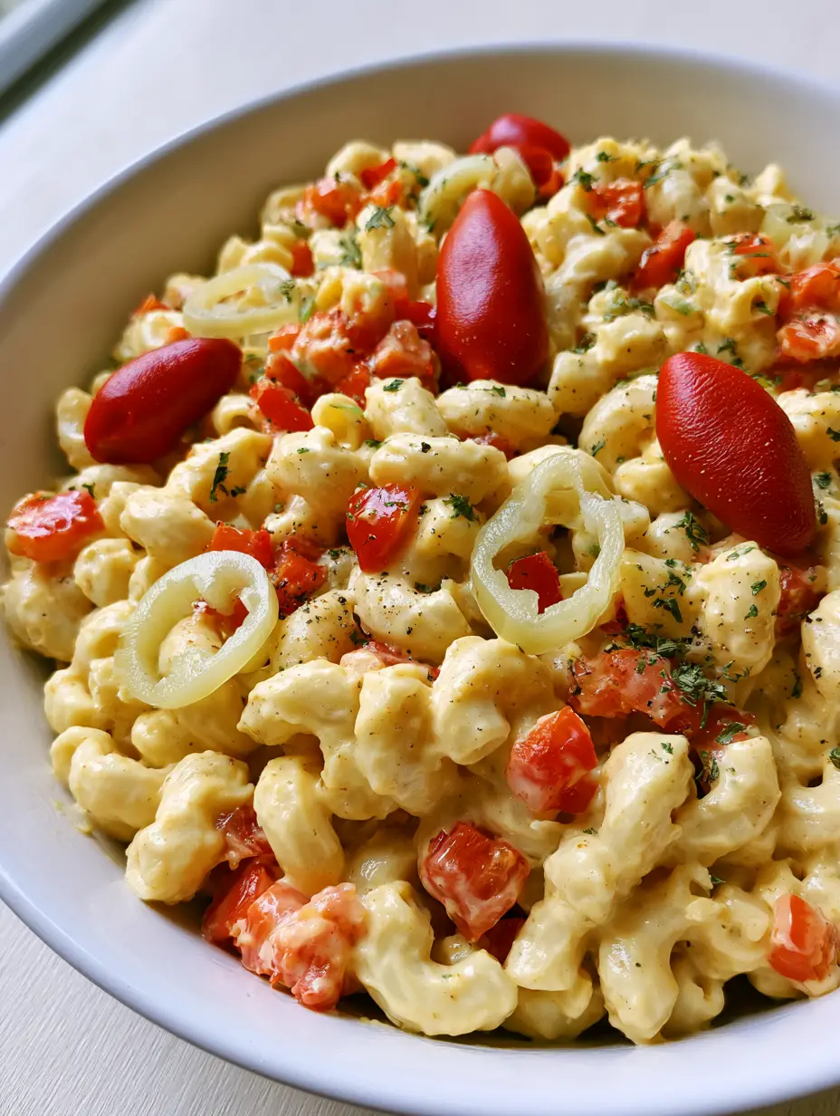 High-angle shot of creamy macaroni salad with vibrant roasted red peppers and green pepperoncini rings. (Guy Fieri Macaroni Salad)