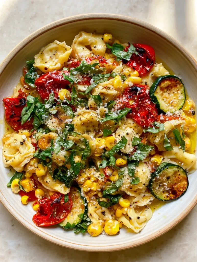 Top-down view of the Summer Tortellini Recipe featuring fresh basil and parmesan dusting on a stone countertop.