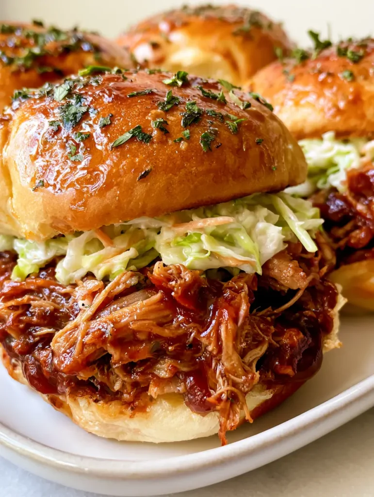 Pulled Pork Sliders with Creamy Coleslaw and Herb Butter Glaze 2 Close-up of shredded pulled pork and dark BBQ sauce inside a toasted Hawaiian roll.