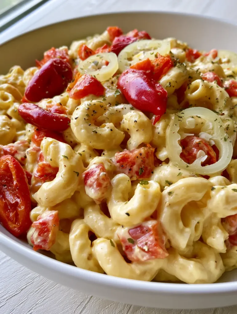 A bowl of Mac-Daddi-Roni salad served on a wooden table, showing the thick coating of garlic mayo dressing.