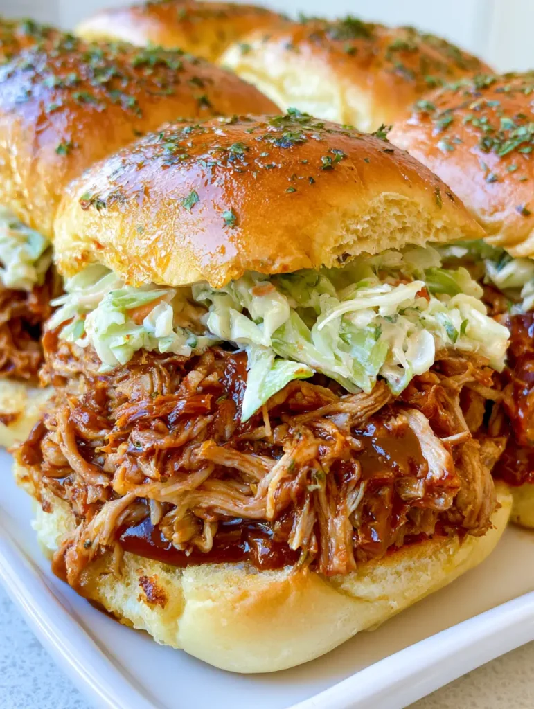 Pulled Pork Sliders with Creamy Coleslaw and Herb Butter Glaze 1 High-angle view of glossy sliders topped with dried parsley flakes and melted butter.
