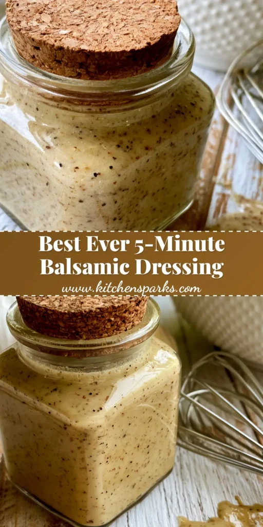 A square glass jar filled with tan Creamy Balsamic Dressing showing black pepper specks, sitting on a rustic table next to a stainless steel whisk.